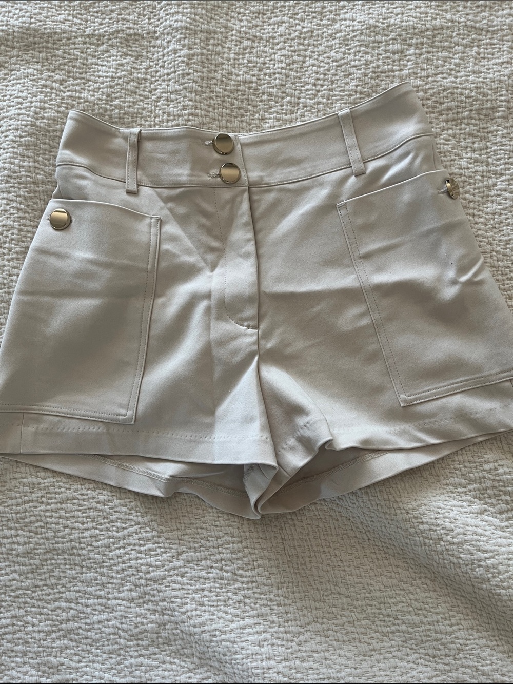 bebe High-Rise Cream Utility Shorts with Gold Buttons